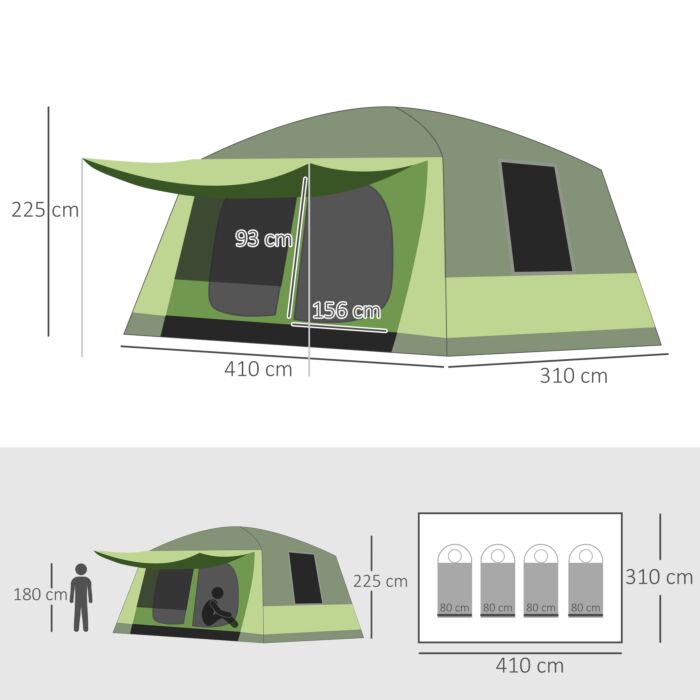 Outsunny Two Room Dome Tent W/ Porch For 4-8 Man, Camping Backpacking Shelter W/ Mesh Windows, Zipped Doors, Lamp Hook & Portable Carry Bag