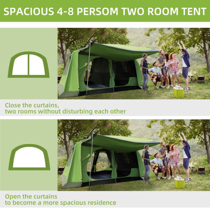 Outsunny Two Room Dome Tent W/ Porch For 4-8 Man, Camping Backpacking Shelter W/ Mesh Windows, Zipped Doors, Lamp Hook & Portable Carry Bag