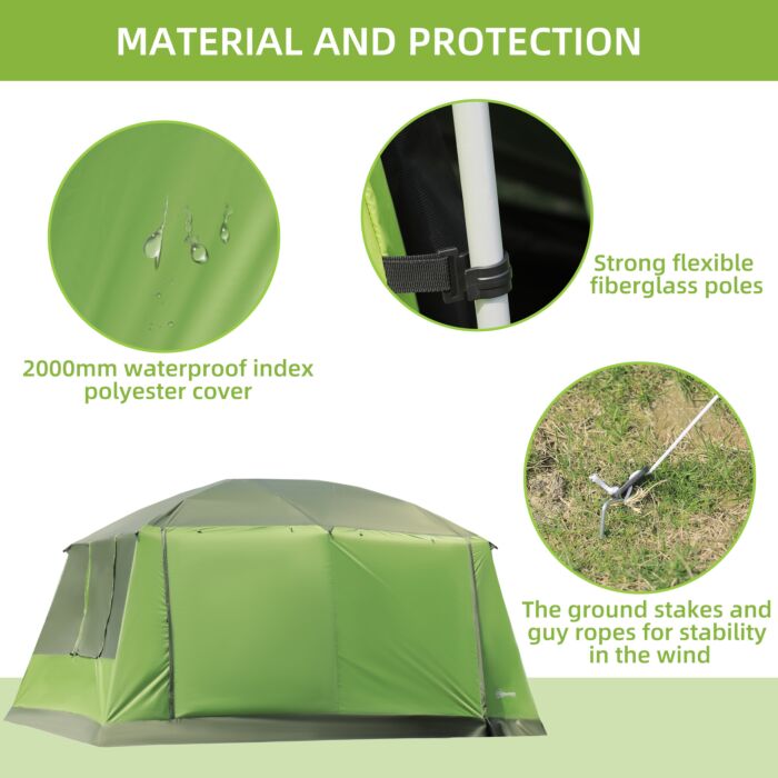 Outsunny Two Room Dome Tent W/ Porch For 4-8 Man, Camping Backpacking Shelter W/ Mesh Windows, Zipped Doors, Lamp Hook & Portable Carry Bag
