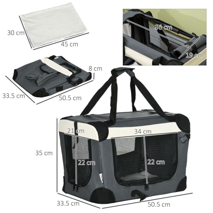 Pawhut 51cm Foldable Pet Carrier, Dog Cage, Portable Cat Carrier, Cat Bag, Pet Travel Bag With Cushion For Miniature Dogs, Grey