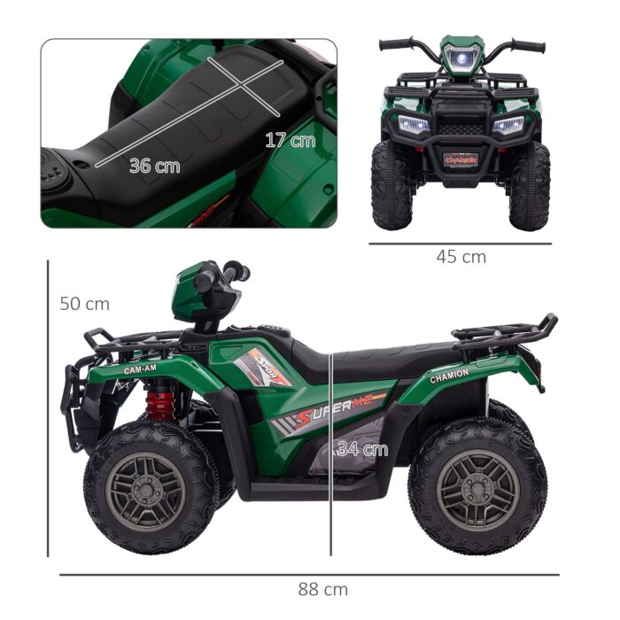 Homcom 12v Kids Quad Bike With Forward Reverse Functions, Electric Ride On Atv With Music, Led Headlights, For Ages 3-5 Years - Green