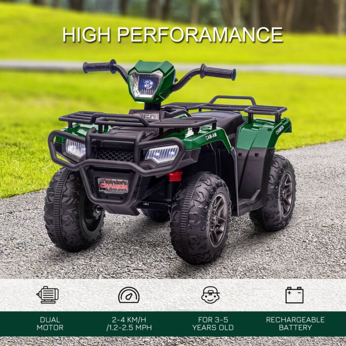 Homcom 12v Kids Quad Bike With Forward Reverse Functions, Electric Ride On Atv With Music, Led Headlights, For Ages 3-5 Years - Green