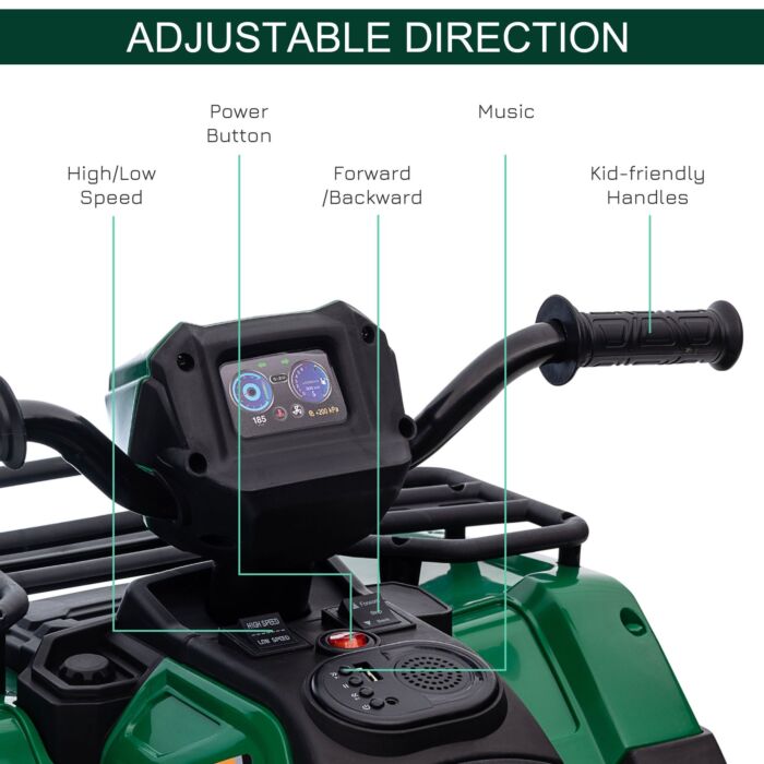 Homcom 12v Kids Quad Bike With Forward Reverse Functions, Electric Ride On Atv With Music, Led Headlights, For Ages 3-5 Years - Green