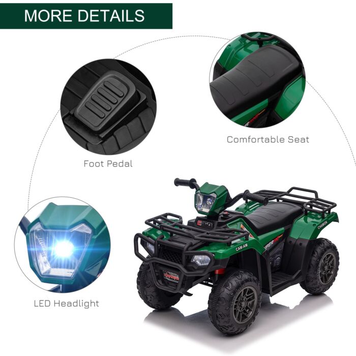 Homcom 12v Kids Quad Bike With Forward Reverse Functions, Electric Ride On Atv With Music, Led Headlights, For Ages 3-5 Years - Green