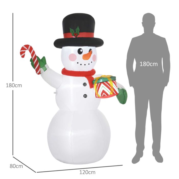 Outsunny 6ft Christmas Inflatable Snowman With Candy Cane And Gift Box, Christmas Blow Up Snowman With Built-in Led Light For Indoor, Outdoor, Party