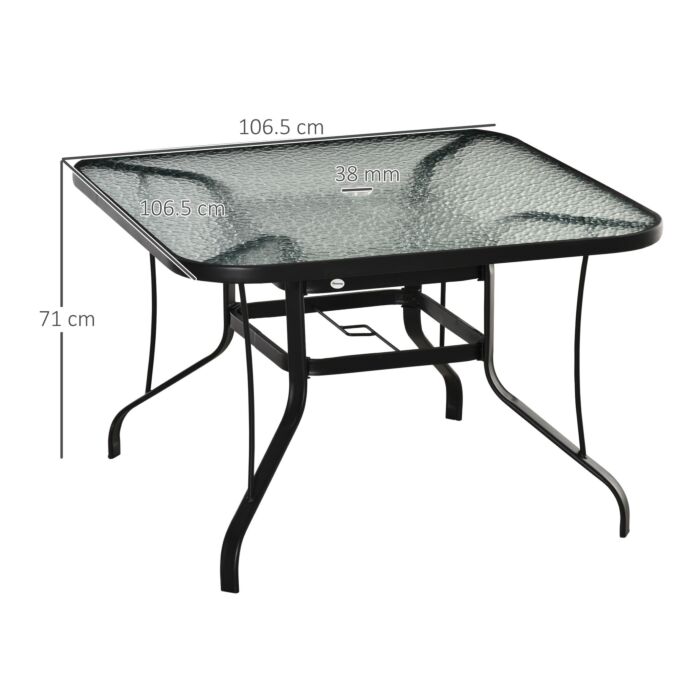 Outsunny Square Outdoor Garden Dining Table With Parasol Hole, Tempered Glass Top, Steel Frame, Black