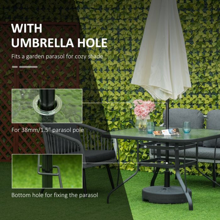 Outsunny Square Outdoor Garden Dining Table With Parasol Hole, Tempered Glass Top, Steel Frame, Black