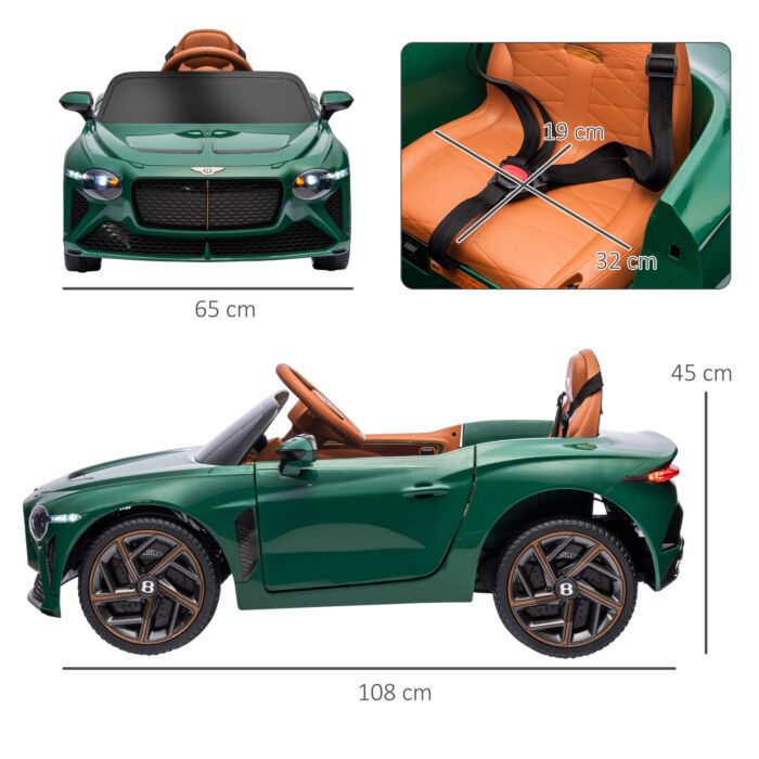 Homcom Bentley Bacalar Licensed 12v Kids Electric Ride On Car W/ Remote Control, Powered Electric Car W/ Portable Battery, For Kids Aged 3-5, Green