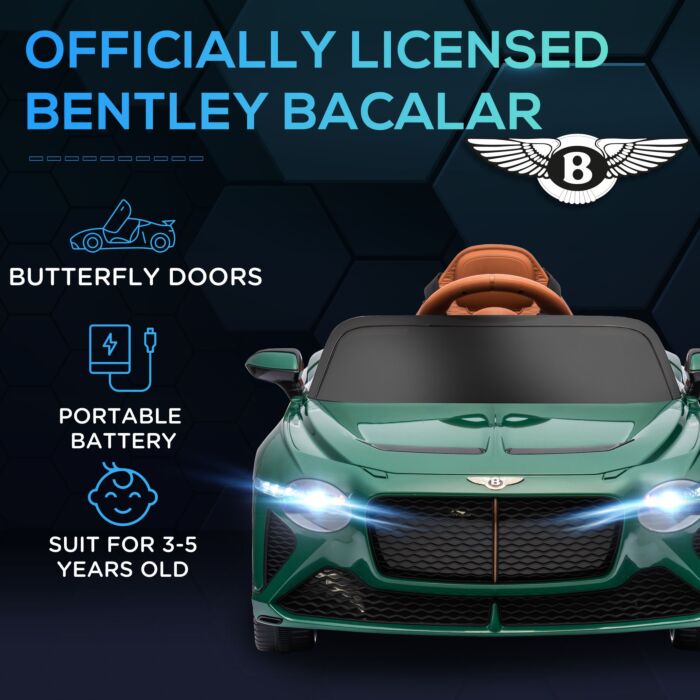 Homcom Bentley Bacalar Licensed 12v Kids Electric Ride On Car W/ Remote Control, Powered Electric Car W/ Portable Battery, For Kids Aged 3-5, Green