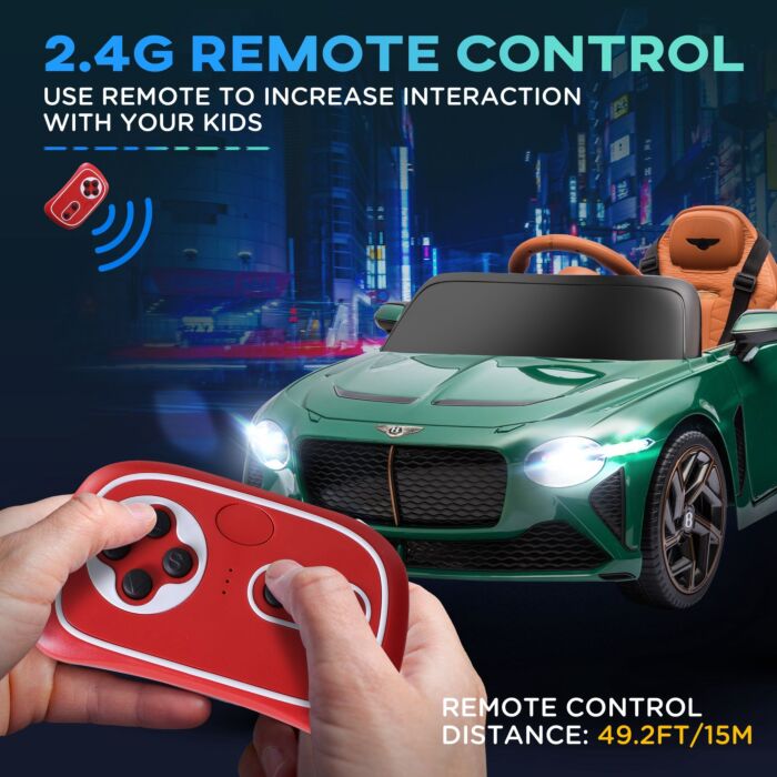 Homcom Bentley Bacalar Licensed 12v Kids Electric Ride On Car W/ Remote Control, Powered Electric Car W/ Portable Battery, For Kids Aged 3-5, Green
