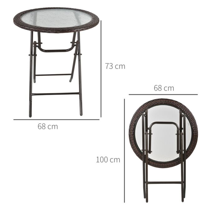 Outsunny Folding Round Tempered Glass Metal Table With Brown Rattan Edging