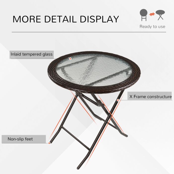 Outsunny Folding Round Tempered Glass Metal Table With Brown Rattan Edging