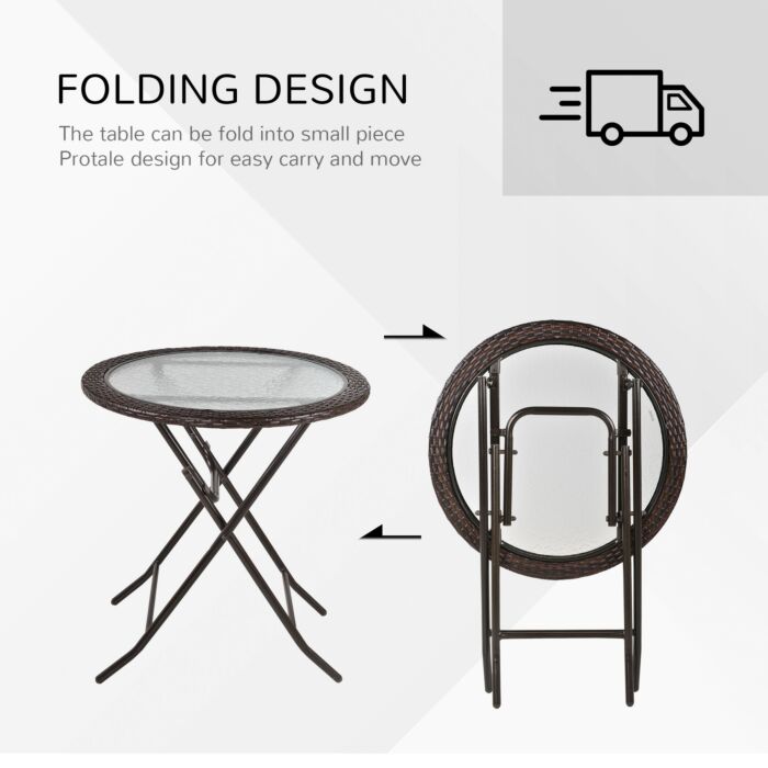 Outsunny Folding Round Tempered Glass Metal Table With Brown Rattan Edging