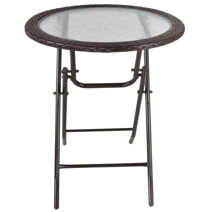 Outsunny Folding Round Tempered Glass Metal Table With Brown Rattan Edging