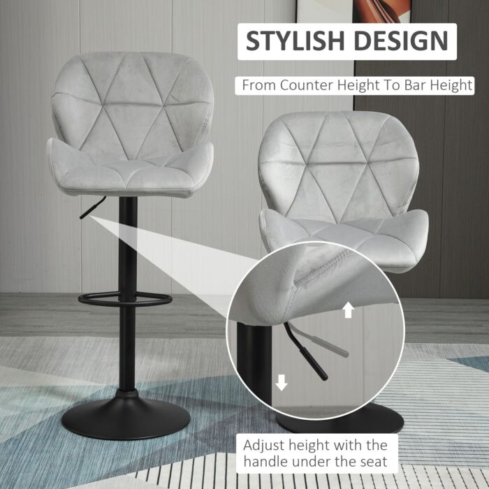 Homcom Bar Stool Set Of 2 Fabric Adjustable Height Armless Upholstered Counter Chairs With Swivel Seat, Light Grey