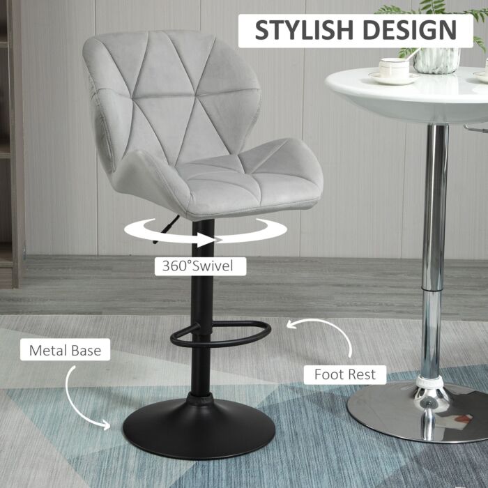 Homcom Bar Stool Set Of 2 Fabric Adjustable Height Armless Upholstered Counter Chairs With Swivel Seat, Light Grey