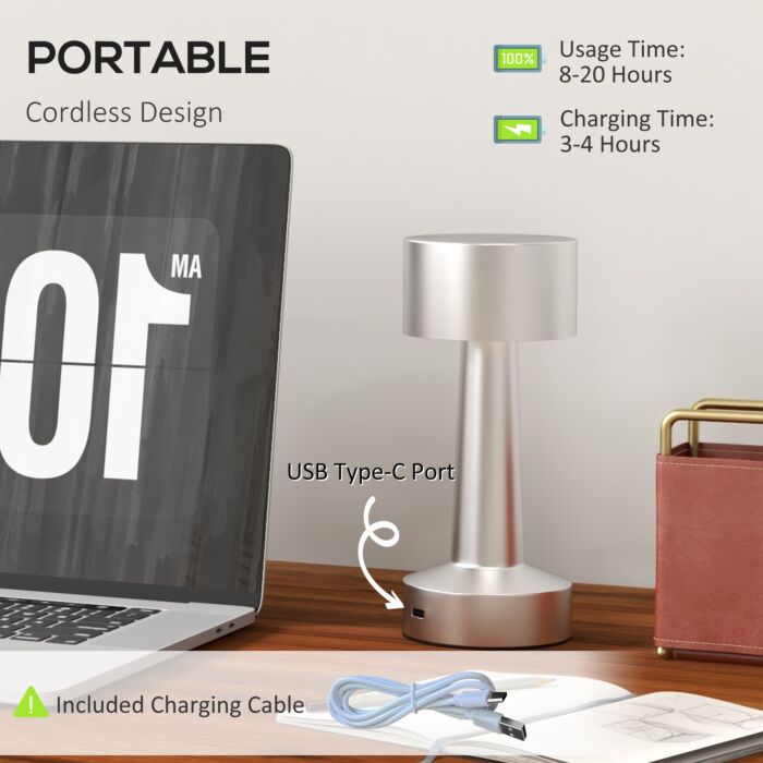2 Pack Cordless Table Lamp, Touch Led Desk Lamp With Rechargeable Battery, 3 Colour, For Bedroom Living Room, Silver
