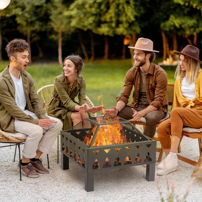 Outsunny Outdoor Fire Pit With Screen Cover, Wood Burner, Log Burning Bowl With Poker, Black