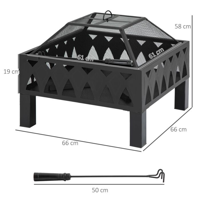 Outsunny Outdoor Fire Pit With Screen Cover, Wood Burner, Log Burning Bowl With Poker, Black
