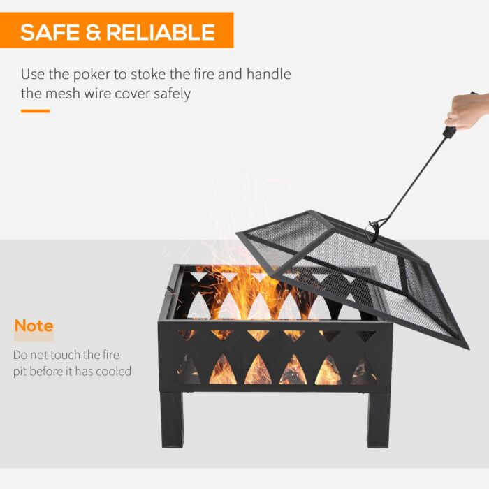 Outsunny Outdoor Fire Pit With Screen Cover, Wood Burner, Log Burning Bowl With Poker, Black