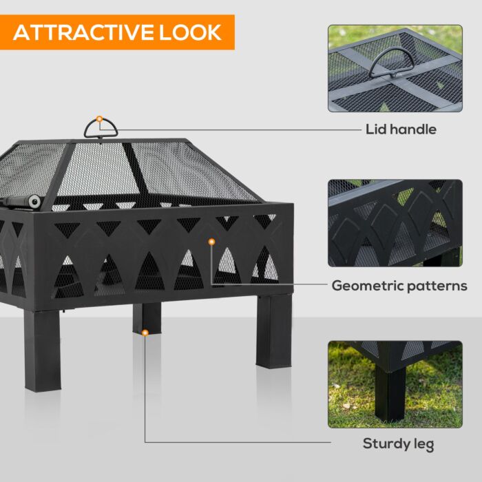 Outsunny Outdoor Fire Pit With Screen Cover, Wood Burner, Log Burning Bowl With Poker, Black