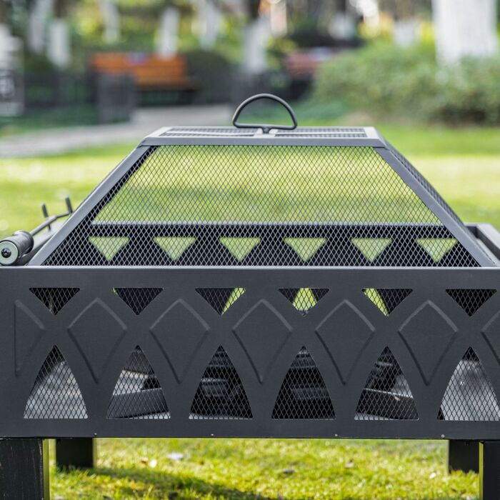 Outsunny Outdoor Fire Pit With Screen Cover, Wood Burner, Log Burning Bowl With Poker, Black