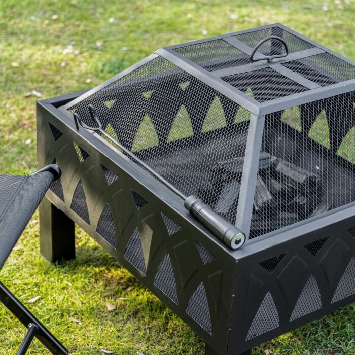 Outsunny Outdoor Fire Pit With Screen Cover, Wood Burner, Log Burning Bowl With Poker, Black