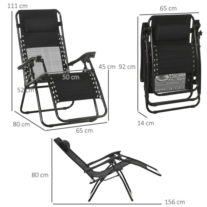 Outsunny Garden Recliner Chairs Set Of 2, Outdoor Foldable Zero Gravity Chairs Set W/ Footstool And Detachable Headrest, Black