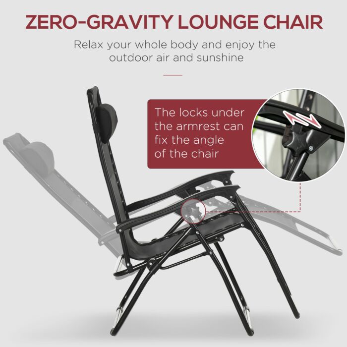 Outsunny Garden Recliner Chairs Set Of 2, Outdoor Foldable Zero Gravity Chairs Set W/ Footstool And Detachable Headrest, Black
