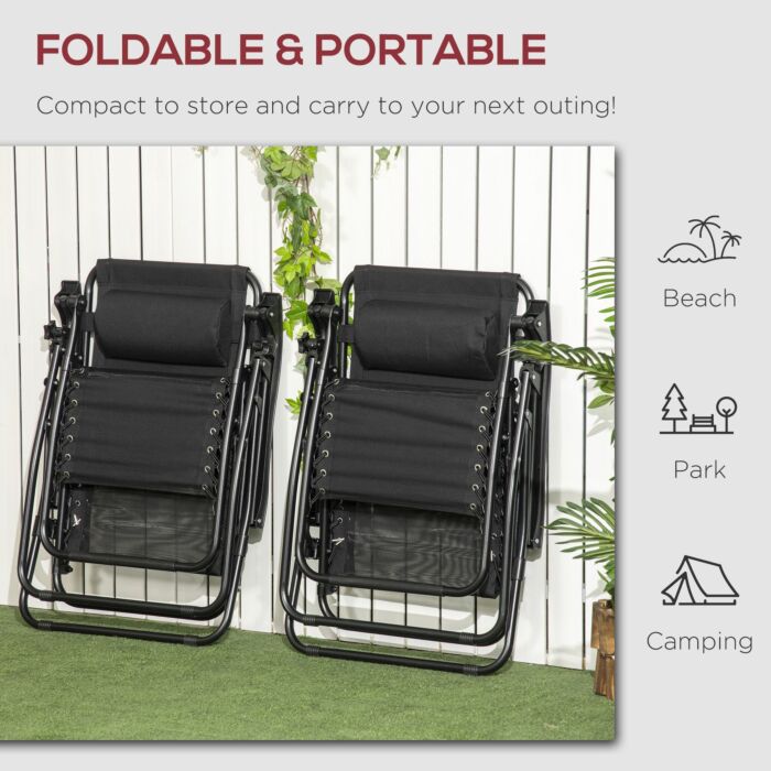 Outsunny Garden Recliner Chairs Set Of 2, Outdoor Foldable Zero Gravity Chairs Set W/ Footstool And Detachable Headrest, Black