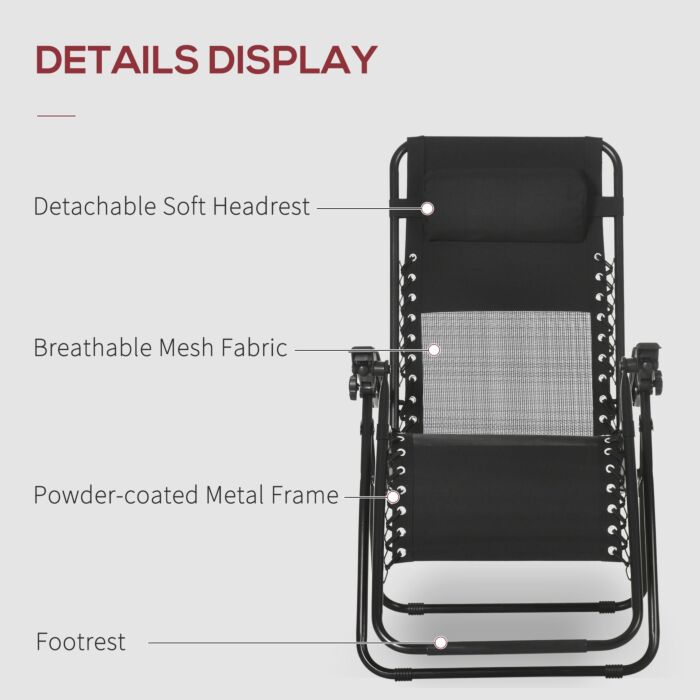 Outsunny Garden Recliner Chairs Set Of 2, Outdoor Foldable Zero Gravity Chairs Set W/ Footstool And Detachable Headrest, Black