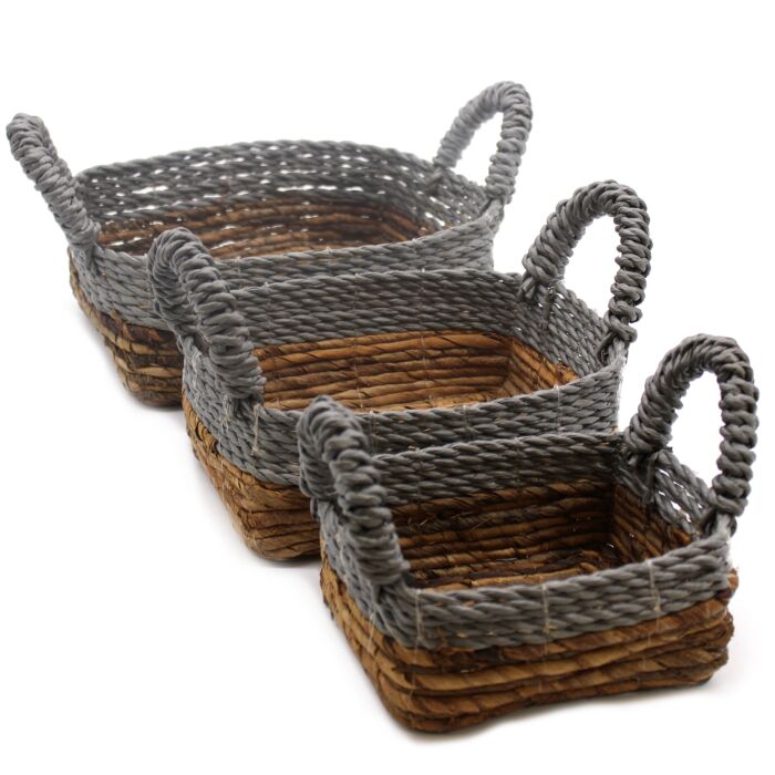 Banana Leaf & Abu-abu Raffia Square Basket- Set Of 3