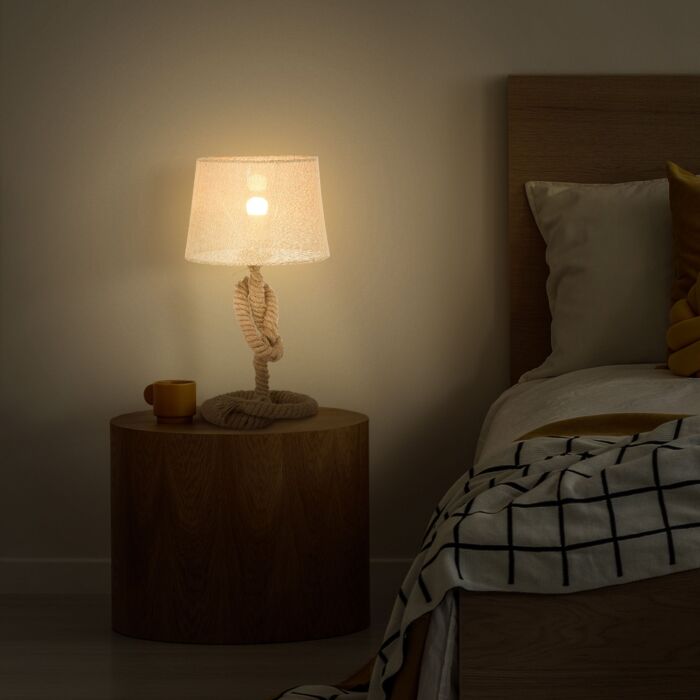 Homcom Nautical Style Rope-base Table Lamp W/ Fabric Lampshade Metal Frame Power Switch Unique Lighting Furnishing Beige