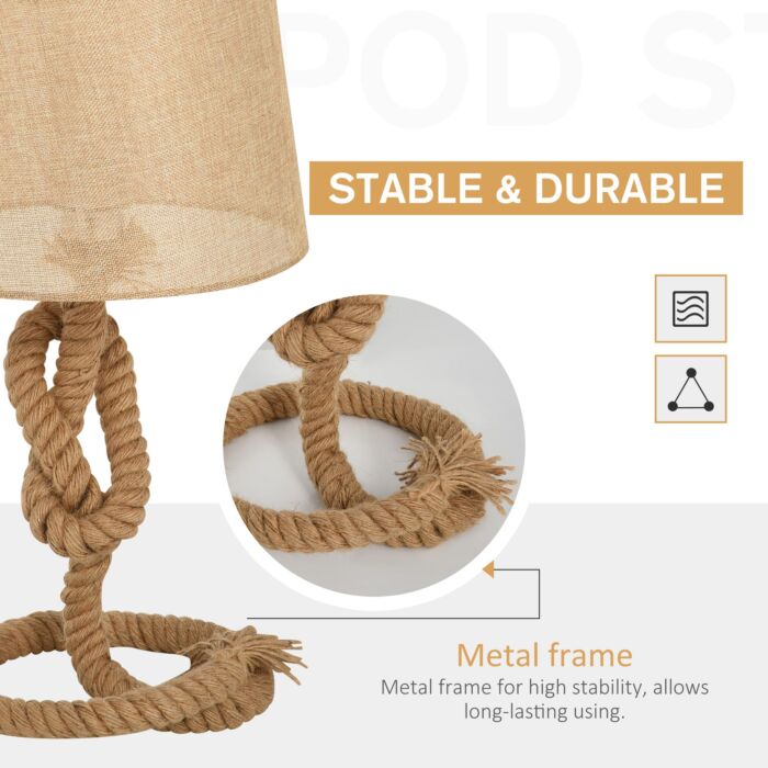Homcom Nautical Style Rope-base Table Lamp W/ Fabric Lampshade Metal Frame Power Switch Unique Lighting Furnishing Beige