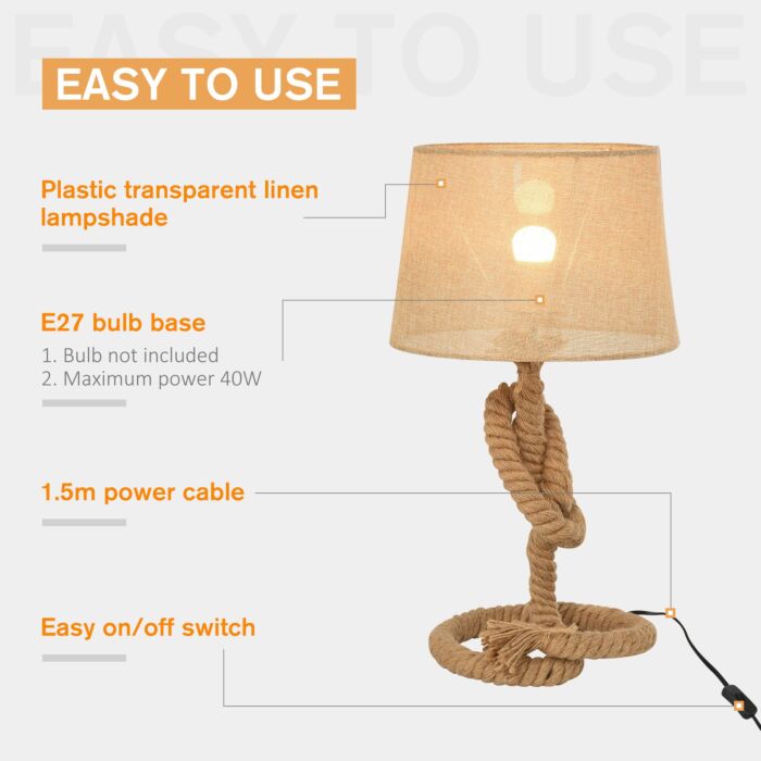 Homcom Nautical Style Rope-base Table Lamp W/ Fabric Lampshade Metal Frame Power Switch Unique Lighting Furnishing Beige