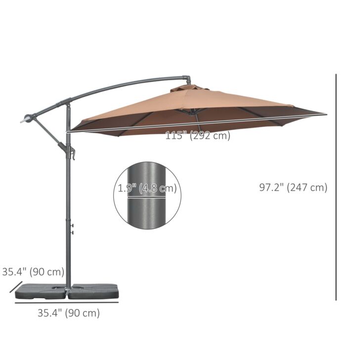 Outsunny 3(m) Garden Banana Parasol Cantilever Umbrella With Crank Handle, Cross Base, Weights And Cover For Outdoor, Hanging Sun Shade, Coffee