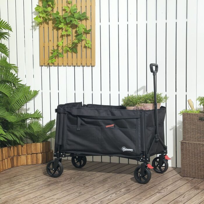 Outsunny Folding Trolley On Wheels, 150l Collapsible Wagon Festival Trolley Cart With Openable Sides, Adjustable Handle And Brakes For Shopping Camping Beach And Garden, Black