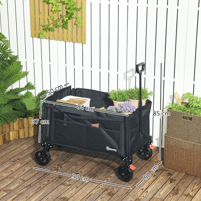 Outsunny Folding Trolley On Wheels, 150l Collapsible Wagon Festival Trolley Cart With Openable Sides, Adjustable Handle And Brakes For Shopping Camping Beach And Garden, Black