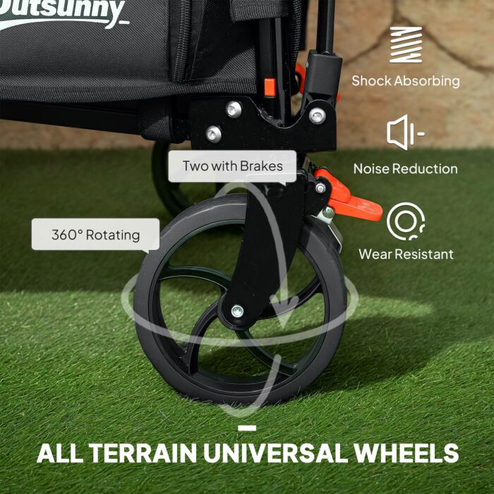 Outsunny Folding Trolley On Wheels, 150l Collapsible Wagon Festival Trolley Cart With Openable Sides, Adjustable Handle And Brakes For Shopping Camping Beach And Garden, Black