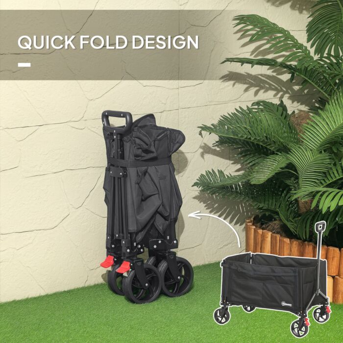 Outsunny Folding Trolley On Wheels, 150l Collapsible Wagon Festival Trolley Cart With Openable Sides, Adjustable Handle And Brakes For Shopping Camping Beach And Garden, Black