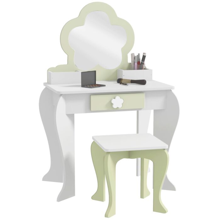Zonekiz Kids Vanity Table With Mirror And Stool, Drawer, Storage Boxes, Beauty Flower Design, For 3-6 Years Old, White