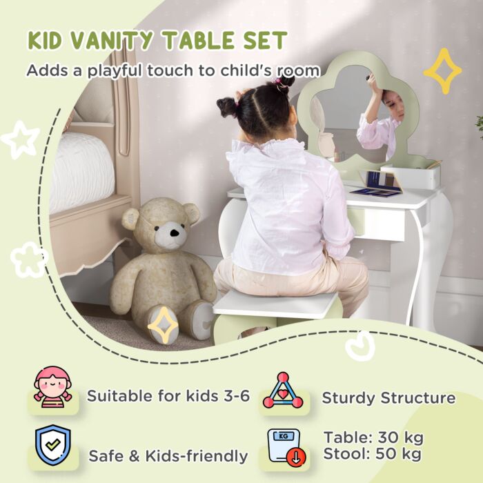 Zonekiz Kids Vanity Table With Mirror And Stool, Drawer, Storage Boxes, Beauty Flower Design, For 3-6 Years Old, White