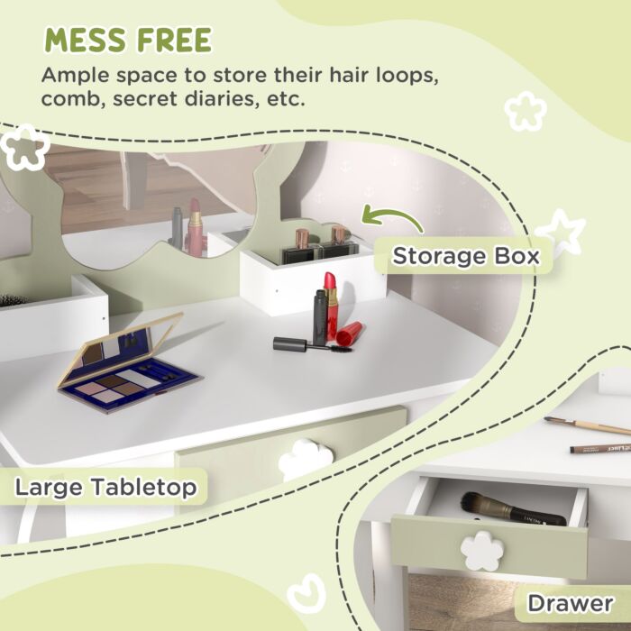 Zonekiz Kids Vanity Table With Mirror And Stool, Drawer, Storage Boxes, Beauty Flower Design, For 3-6 Years Old, White