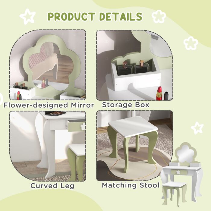 Zonekiz Kids Vanity Table With Mirror And Stool, Drawer, Storage Boxes, Beauty Flower Design, For 3-6 Years Old, White