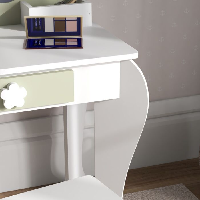 Zonekiz Kids Vanity Table With Mirror And Stool, Drawer, Storage Boxes, Beauty Flower Design, For 3-6 Years Old, White