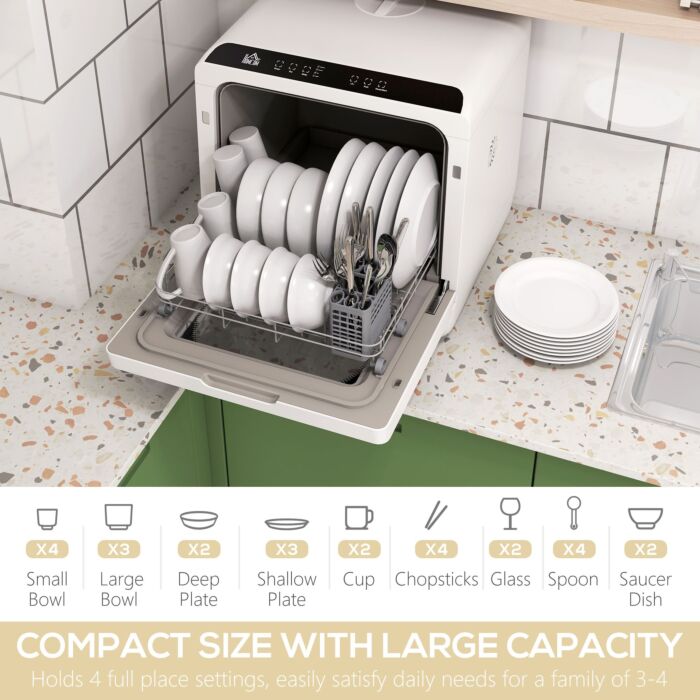 Homcom Table Top Dishwasher, Mini Countertop Dishwasher With 4 Place Settings, 6 Programmes, 6l Water Tank, Touch Control, Led Display, Delay Start, Dual Water Supply And Fruit Wash Mode, White