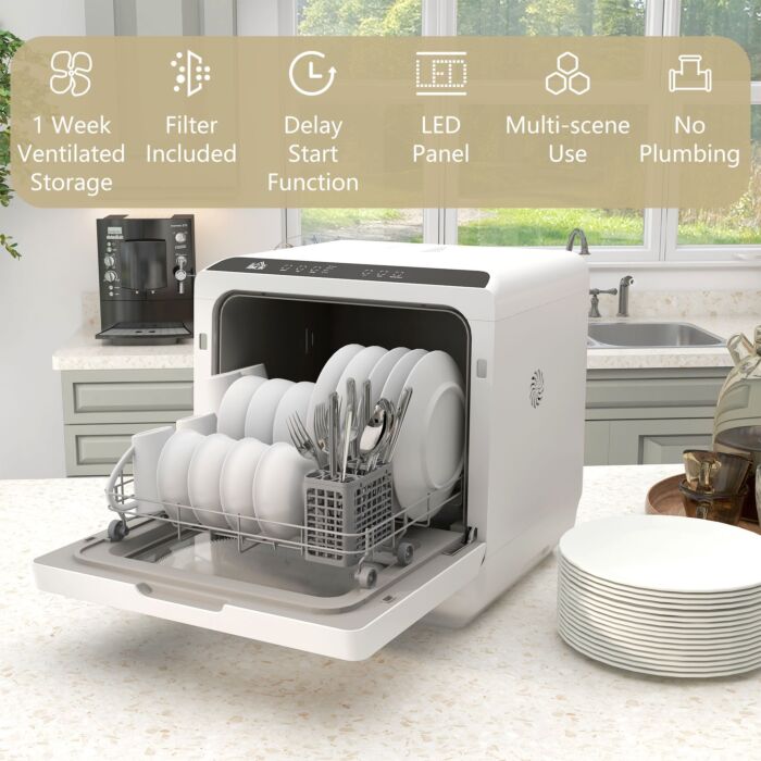 Homcom Table Top Dishwasher, Mini Countertop Dishwasher With 4 Place Settings, 6 Programmes, 6l Water Tank, Touch Control, Led Display, Delay Start, Dual Water Supply And Fruit Wash Mode, White