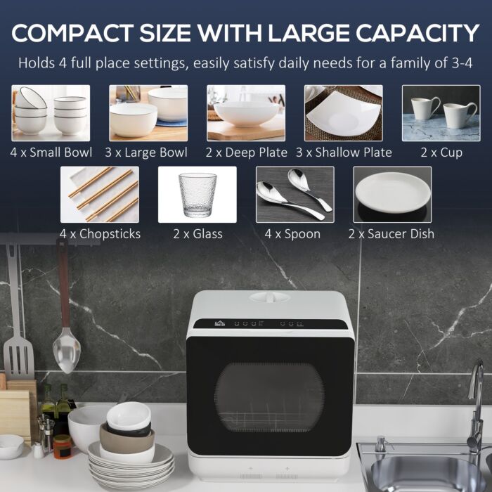 Homcom Table Top Dishwasher, Mini Countertop Dishwasher With 4 Place Settings, 6 Programmes, 6l Water Tank, Touch Control, Led Display, Delay Start, Dual Water Supply And Fruit Wash Mode, White