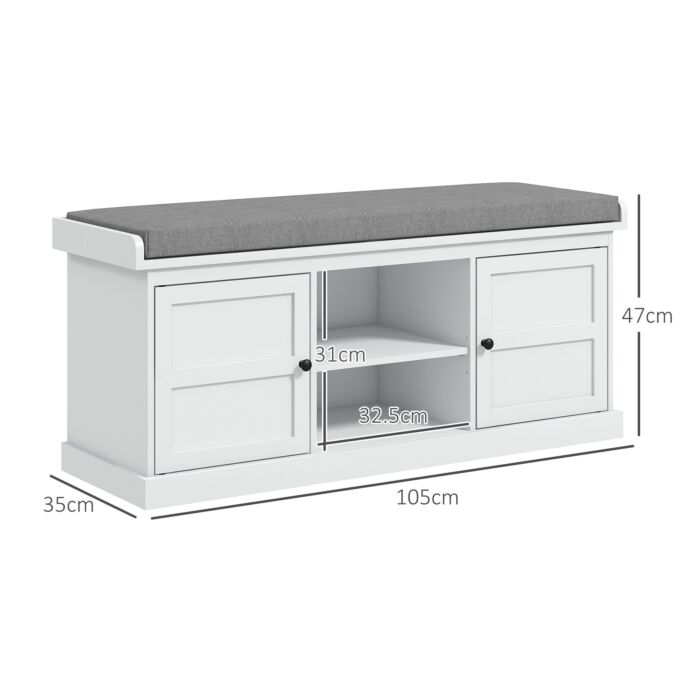 Homcom Shoe Bench With Seat, Shoe Storage Bench With Cushion, 2 Cabinets And Adjustable Shelf, White