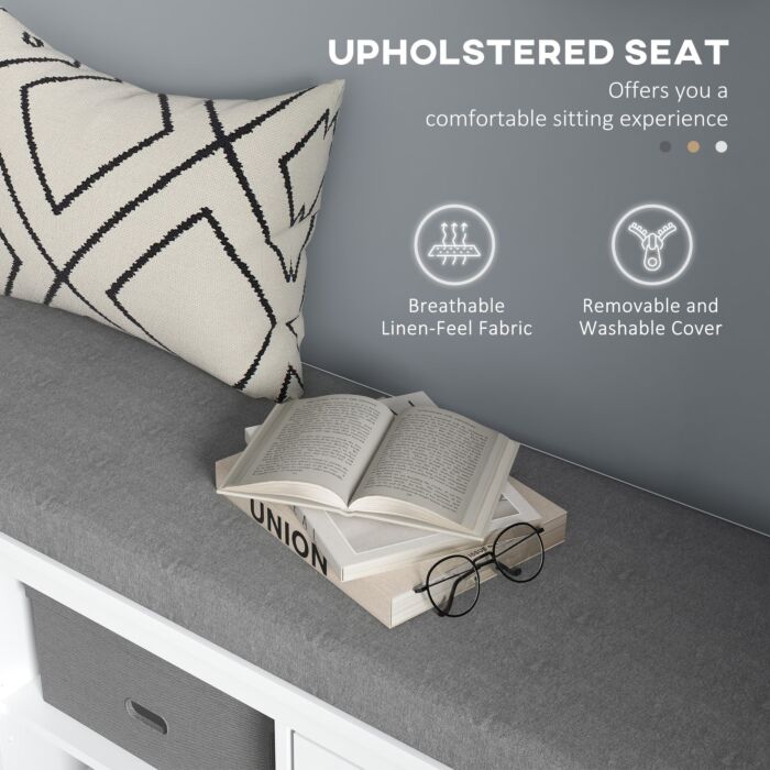 Homcom Shoe Bench With Seat, Shoe Storage Bench With Cushion, 2 Cabinets And Adjustable Shelf, White